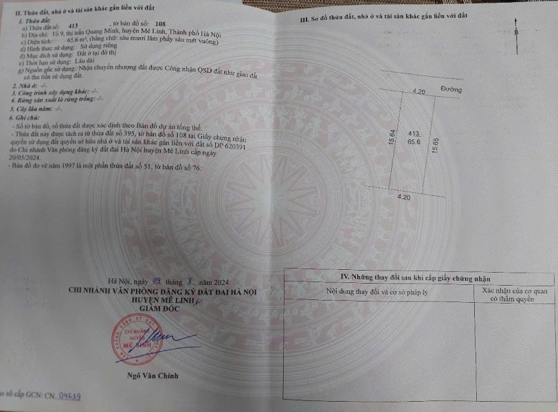 Bán đất thôn Ấp Tre xã Quang Minh Mê Linh. Đường thông oto đỗ gần KCN Quang Minh