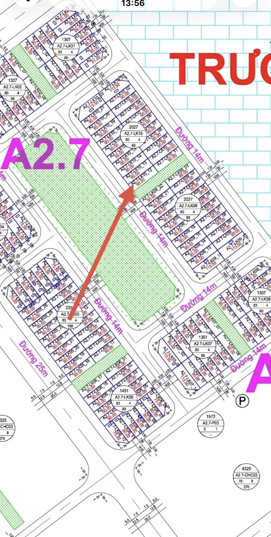 Bán lô A2.7 LK10-12 DT 90m2 đường 14m lô góc nhìn vườn hoa 2 mặt thoáng. Hướng tây nam. Nằm ngay