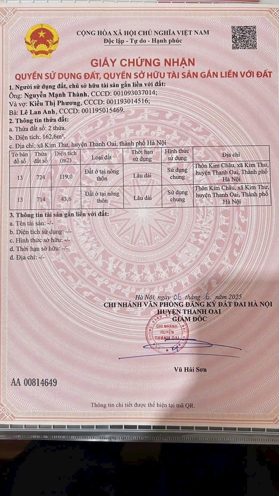 Bán lô đất thổ cư Kim Châu Kim Thư Thanh Oai Hà Nội . Otô vào nhà DT 436 lô góc mặt tiền 52m và