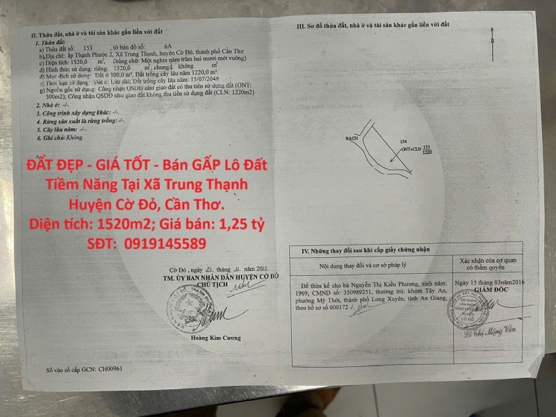 ĐẤT ĐẸP - GIÁ TỐT - Bán GẤP Lô Đất Tiềm Năng Tại Xã Trung Thạnh Huyện Cờ Đỏ Cần Thơ.